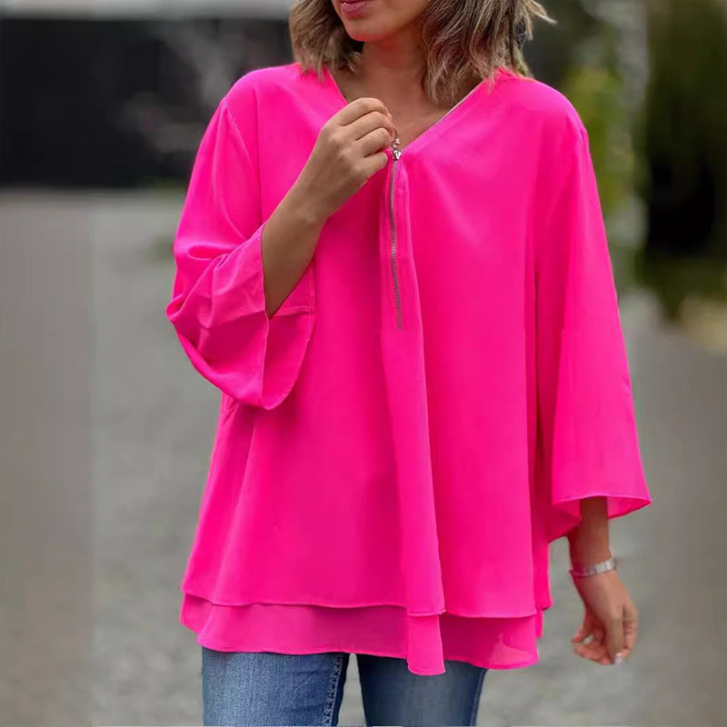 Medova™ - Chiffon Zipper Top With V-neck