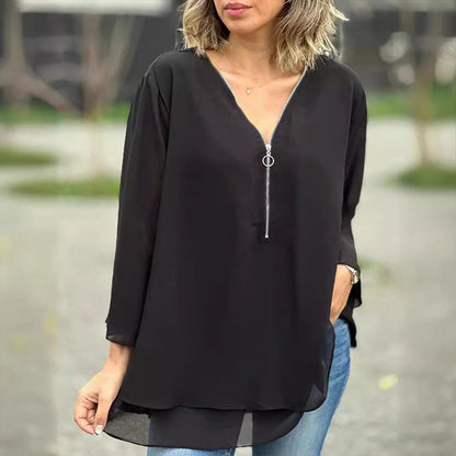 Medova™ - Chiffon Zipper Top With V-neck