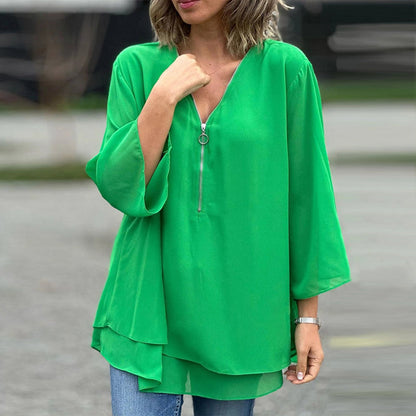 Medova™ - Chiffon Zipper Top With V-neck