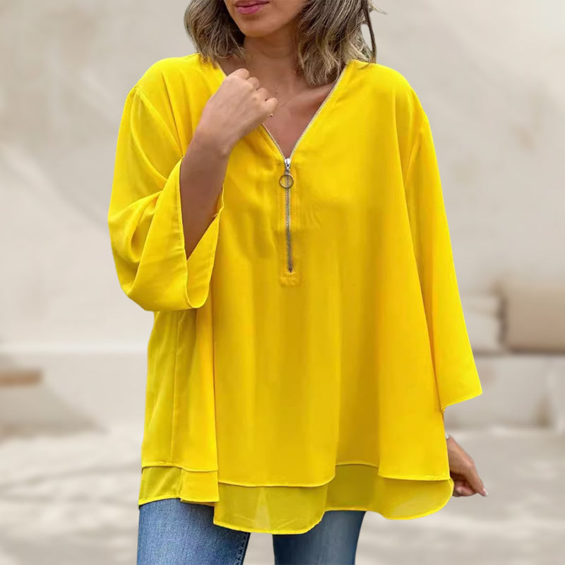 Medova™ - Chiffon Zipper Top With V-neck