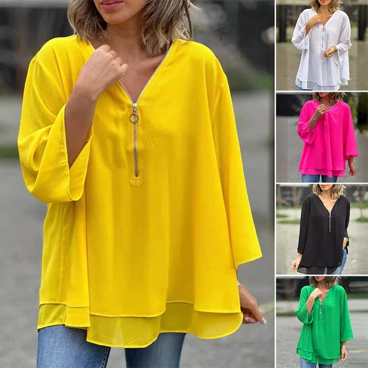 Medova™ - Chiffon Zipper Top With V-neck