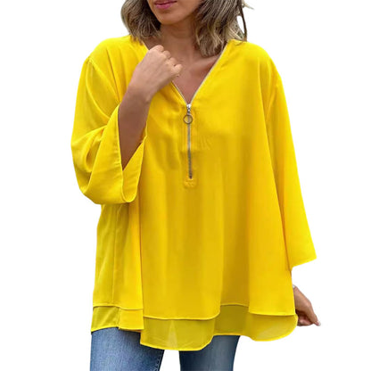 Medova™ - Chiffon Zipper Top With V-neck